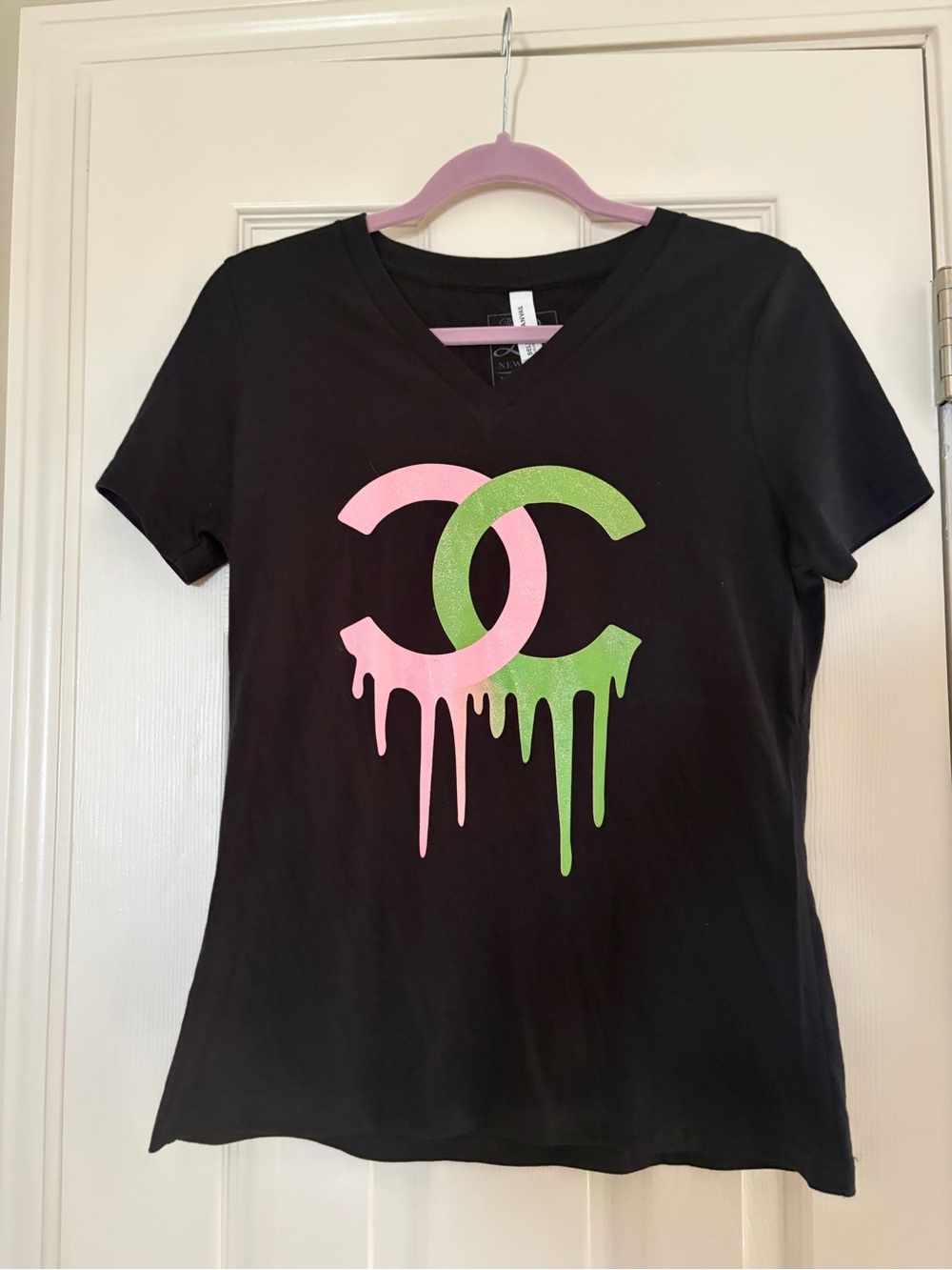 Liqtees mBlack V-Neck Tee with Pink and Green Drip Chanel Logo